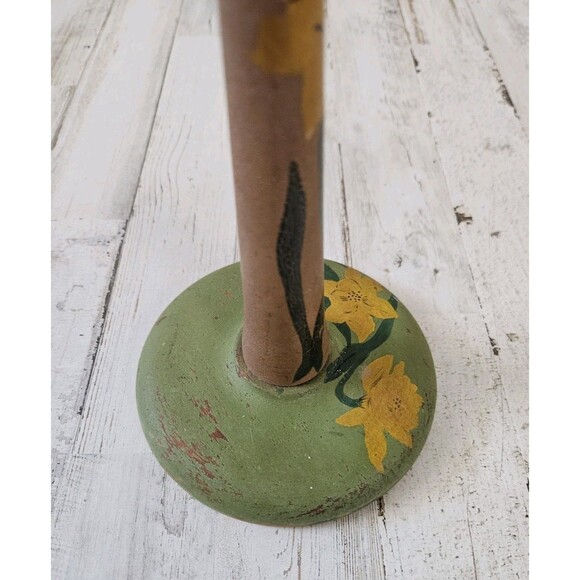 Vintage Yellow Floral Hand Painted Wooden Hat Stand Display Euro Farmhouse 10.5\